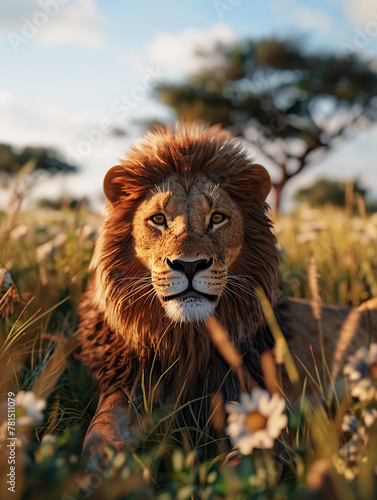 The lion lives and hunts in the Savannah. He protects his pride.