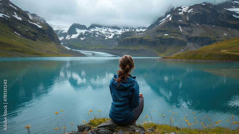 A woman sits on a rock, gazing at a vast lake in the distance, lost in thought and contemplation of the serene waters