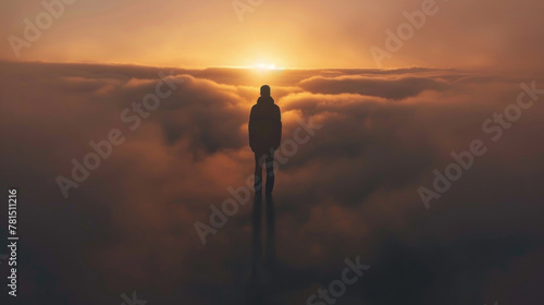 A person stands in the center of a foggy sky, their outline barely visible in the thick mist photo