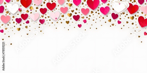 Background with red, pink and gold hearts with blank copy space for text, Valentine's Day, Easter, Birthday, Happy Women's Day, Mother's Day. Flat lay, top view, copy space