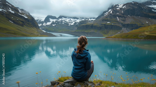 A woman sits on a rock, gazing at a vast lake in the distance, lost in thought and contemplation of the serene waters photo