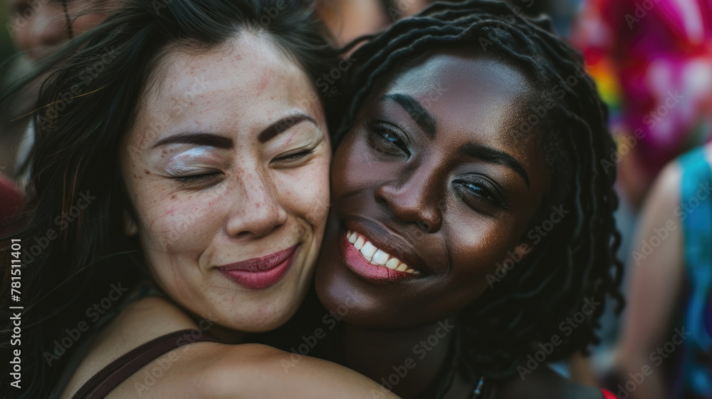 Two women embrace each other in a hug amidst a crowd of onlookers. The scene captures the moment of connection and support between the two individuals in a public setting Two women embrace each other in a hug amidst a crowd of onlookers. The scene captures the moment of connection and support between the two individuals in a public setting
