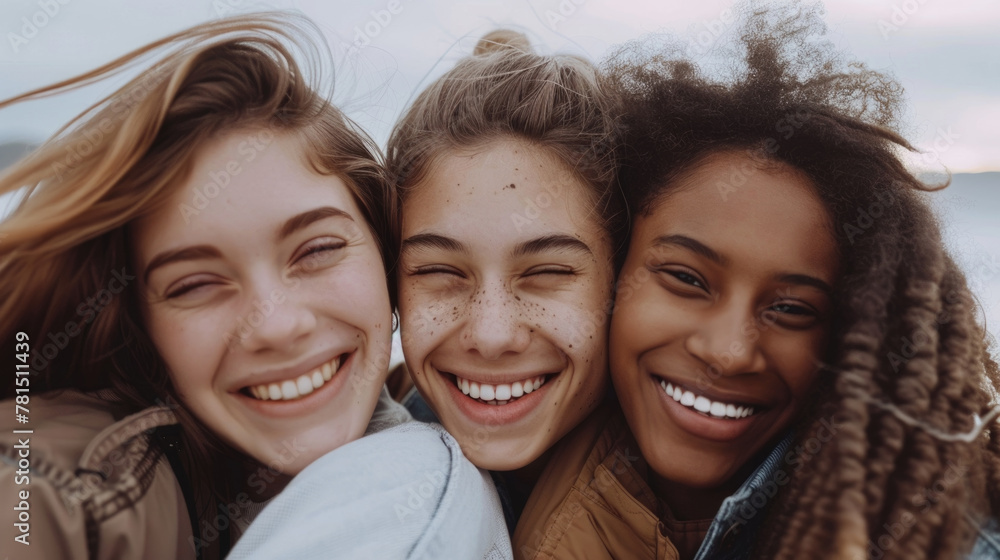 A group of young women standing closely together in a row, looking towards the camera A group of young women standing closely together in a row, looking towards the camera
