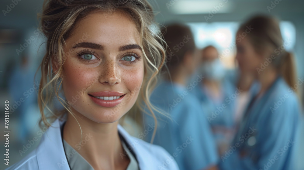 Attractive female doctor in front of medical group. Attractive female doctor in front of medical group.