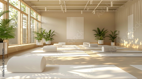 Serene Yoga Studio: Unoccupied Mats, Peaceful Atmosphere, and Soft Music Playing, Welcoming the Next Mindful Practice