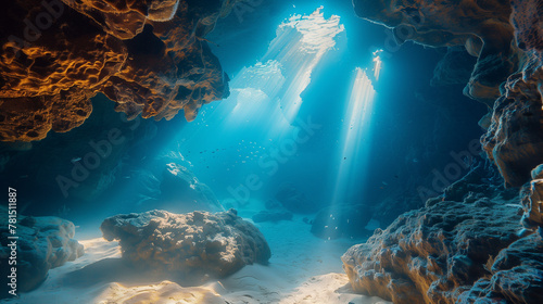 Sunlight filtering through an underwater cave with marine life.