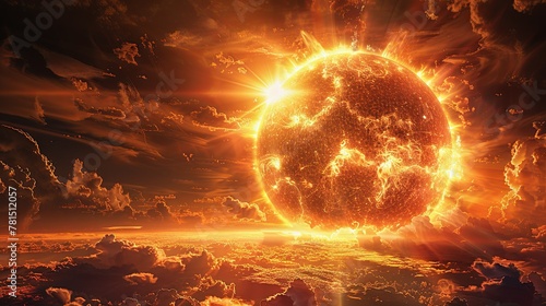 Artistic representation of intense solar flare activity erupting from the sun's surface.