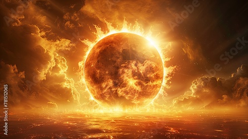 Artistic representation of intense solar flare activity erupting from the sun's surface. photo
