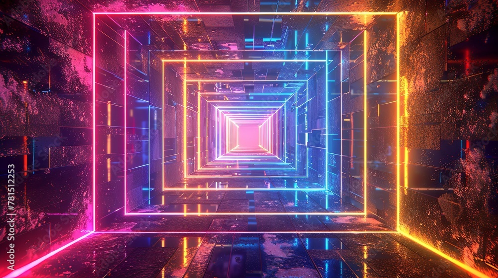 Fototapeta premium Digital artwork featuring an abstract neon light tunnel with a symmetrical geometric design.