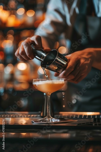 Bartender Pouring Drink Into Glass photo