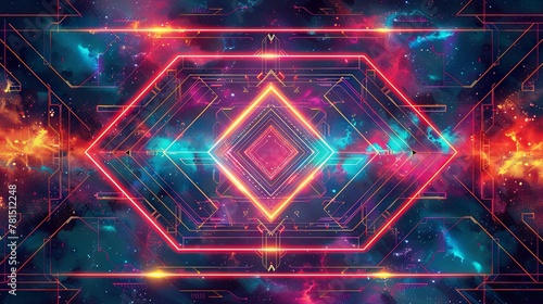 Digital artwork featuring an abstract neon light tunnel with a symmetrical geometric design.