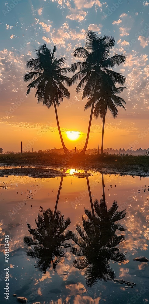 Silhouette of palm trees against a serene sunset sky, reflected on a calm water surface.