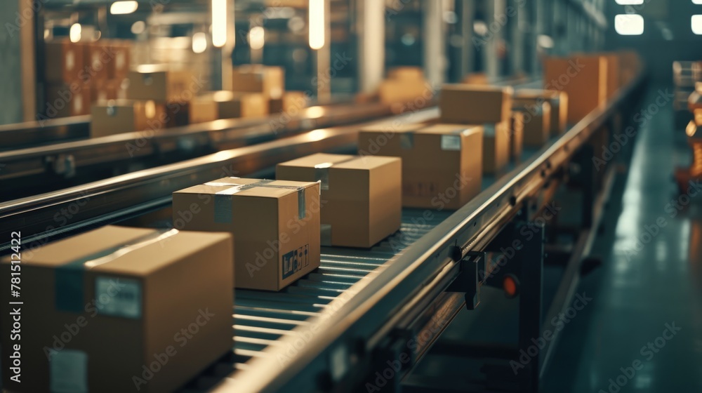 Fototapeta premium A famous online shopping companys boxes on a conveyors. Generate AI image