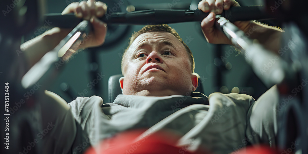 Strength Training: Man with Down Syndrome Lifting Weights at the Gym. Learning Disability. Strength Training: Man with Down Syndrome Lifting Weights at the Gym. Learning Disability.