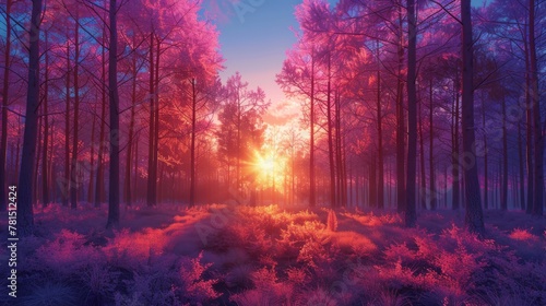 sunset on the forest with vaporwave tone color  suitable for wallpaper  poster. Generative AI