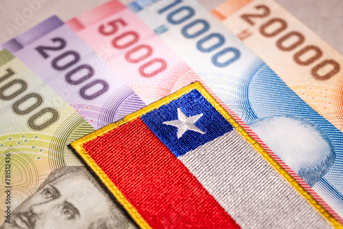 Chile finances, Chilean pesos and the Chilean flag, Economics and fiscal policy of Chile, Flat lay, Financial and business concept