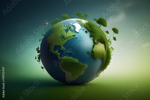 Invest in our planet. Earth Day conceptual background. Ecology concept. Design with globe map pattern and green leaves and trees.