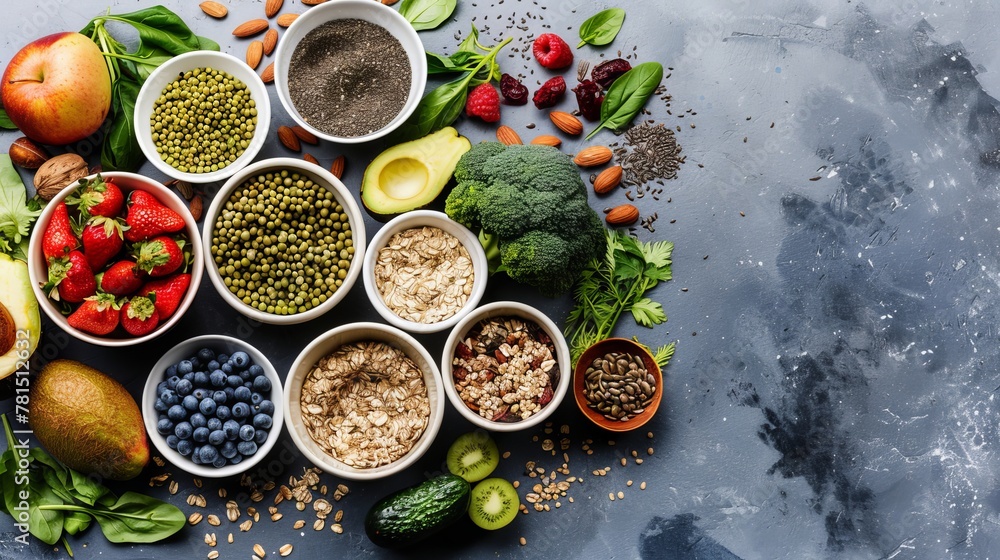 Healthy food clean eating selection: fruit, vegetable, seeds, superfood, cereal, leaf vegetable on gray concrete background. National Eat Your Vegetables Day. International Fruit Day. copy space Healthy food clean eating selection: fruit, vegetable, seeds, superfood, cereal, leaf vegetable on gray concrete background. National Eat Your Vegetables Day. International Fruit Day. copy space
