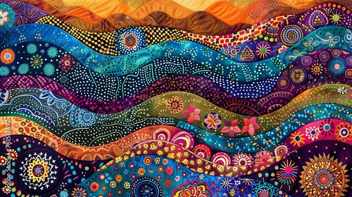 Colorful abstract painting with a rhythmic pattern of hills and valleys in a rich, textured style.