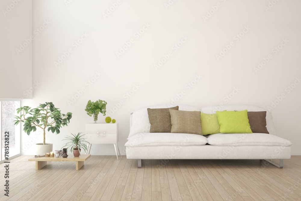 White empty room with home decor and green potted plant. Scandinavian interior design. 3D illustration White empty room with home decor and green potted plant. Scandinavian interior design. 3D illustration