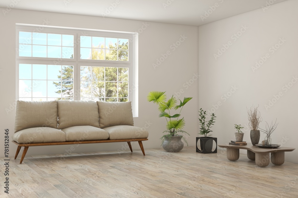Fototapeta premium White living room with sofa and summer landscape in window. Scandinavian interior design. 3D illustration