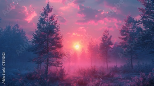 sunset on the forest with vaporwave tone color, suitable for wallpaper, poster. Generative AI