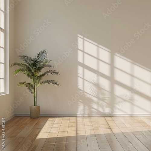 A minimalist interior with a large white wall wooden. Generate AI image