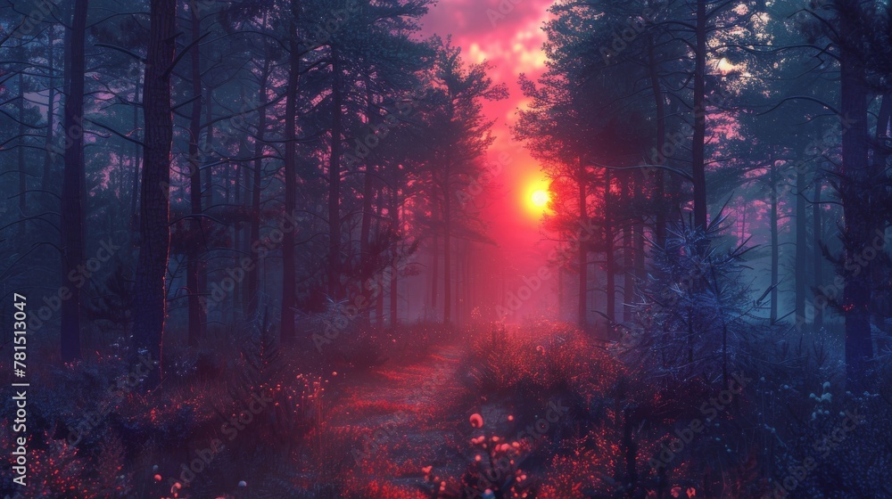 sunset on the forest with vaporwave tone color, suitable for wallpaper, poster. Generative AI