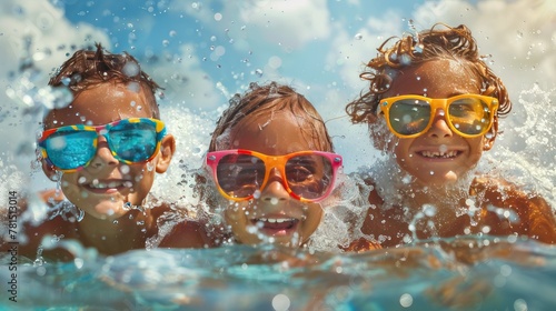 children in the pool vibrant sunglasses. Summer joy captured