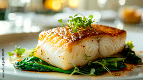Fototapeta Naklejka Na Ścianę i Meble -  Gourmet Black Cod Delight: A Stunning Dish in a Luxurious Setting