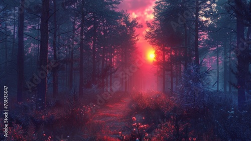 sunset on the forest with vaporwave tone color  suitable for wallpaper  poster. Generative AI