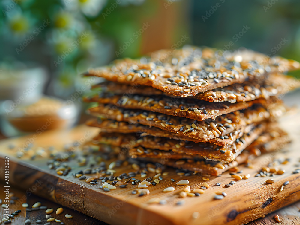 A stack of crackers covered in seeds sits on a black stone platter.