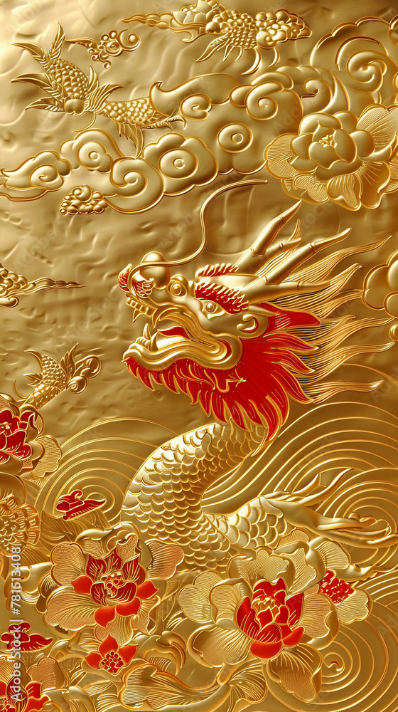 Fototapeta premium Intricate Golden Dragon and Peony Carving in Traditional Chinese Style