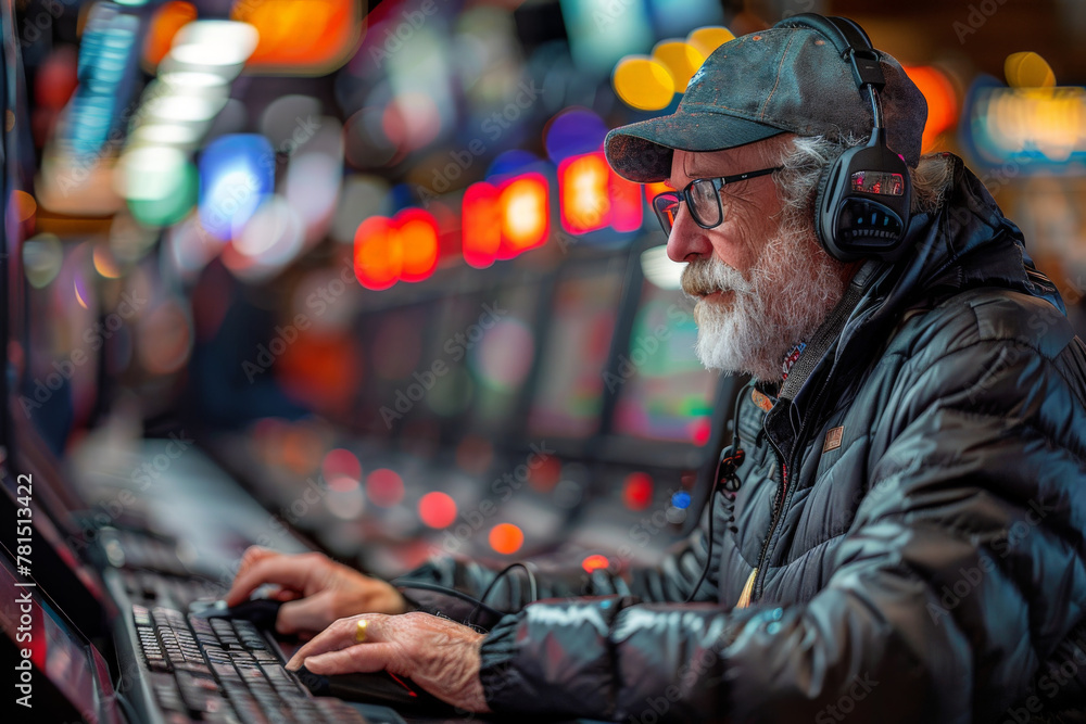 An anonymous person engaged in playing slot machines at a vibrant casino, embodying the thrill of gambling An anonymous person engaged in playing slot machines at a vibrant casino, embodying the thrill of gambling