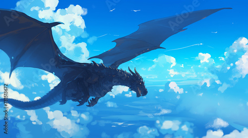 Dragão azul voando no céu azul - Ilustração