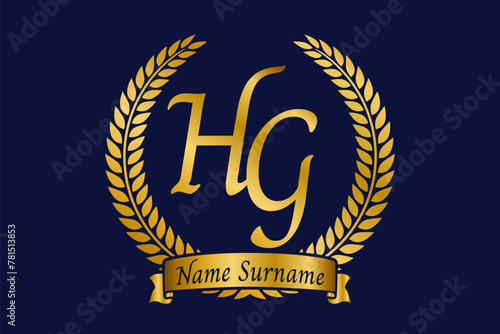 Initial letter H and G, HG monogram logo design with laurel wreath. Luxury golden calligraphy font.