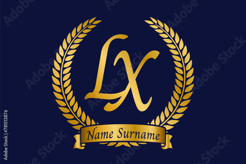 Initial letter L and X, LX monogram logo design with laurel wreath. Luxury golden calligraphy font.