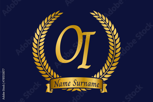 Initial letter O and I, OI monogram logo design with laurel wreath. Luxury golden calligraphy font.