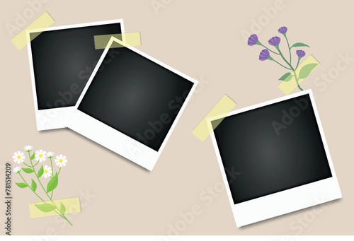 Trendy retro  instant  photo frames. Realistic photo frame mockup. Mood board of blank photo frames for memories. Snapshots glued with color adhesive tape. Vector illustration