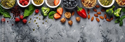 Healthy food clean eating selection: fruit, vegetable, seeds, superfood, cereal, leaf vegetable on gray concrete background. National Eat Your Vegetables Day. International Fruit Day. copy space