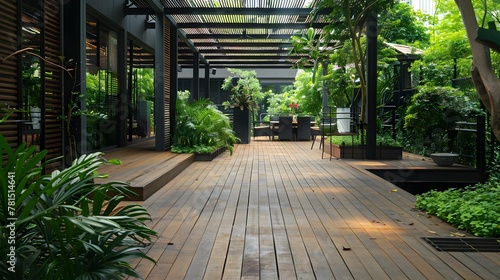 Wooden terrace surrounded by greenery photo