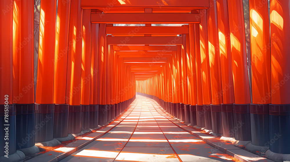 Fototapeta premium Futuristic corridor of the red torii gate in Kyoto, Japan