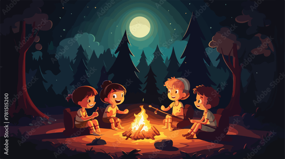 Kids sit around a campfire in the wood at night wit - obrazy, fototapety, plakaty 