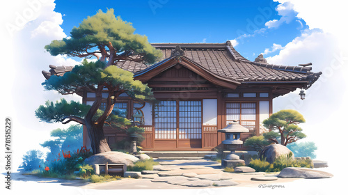 Korean traditional style house with a tree in the foreground. Digital painting. photo