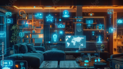 an entire smart home  with various devices connected to the network and glowing digital symbols representing different living spaces within it 