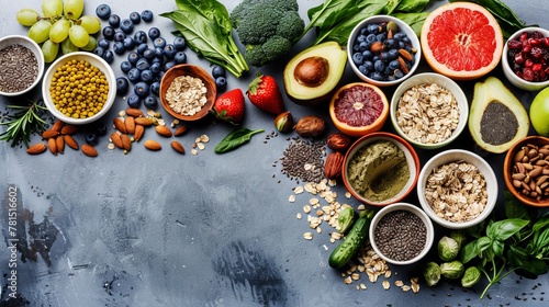 Healthy food clean eating selection: fruit, vegetable, seeds, superfood, cereal, leaf vegetable on gray concrete background. National Eat Your Vegetables Day. International Fruit Day. copy space