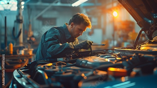 Skilled Mechanic Diligently Repairing Automobile Engine in Workshop photo