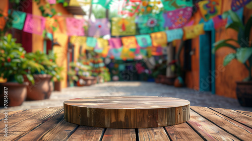 Empty wooden table on colorful Cinco de Mayo festival dercoration background for product display photo