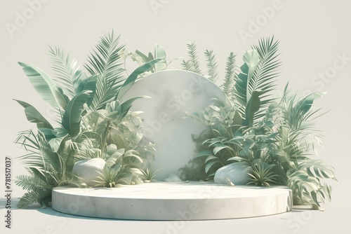 Stone podium scene summer background , product stage presentation with green plant
