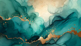 abstract fluid art in luxurious blue and turquoise hues with gold accents and copy space.